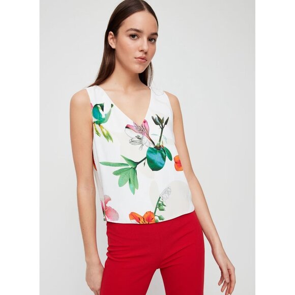 Aritzia BABATON Murphy Navy Floral Matte Satin Cropped V-Neck Blouse, Size XS - Picture 9 of 13